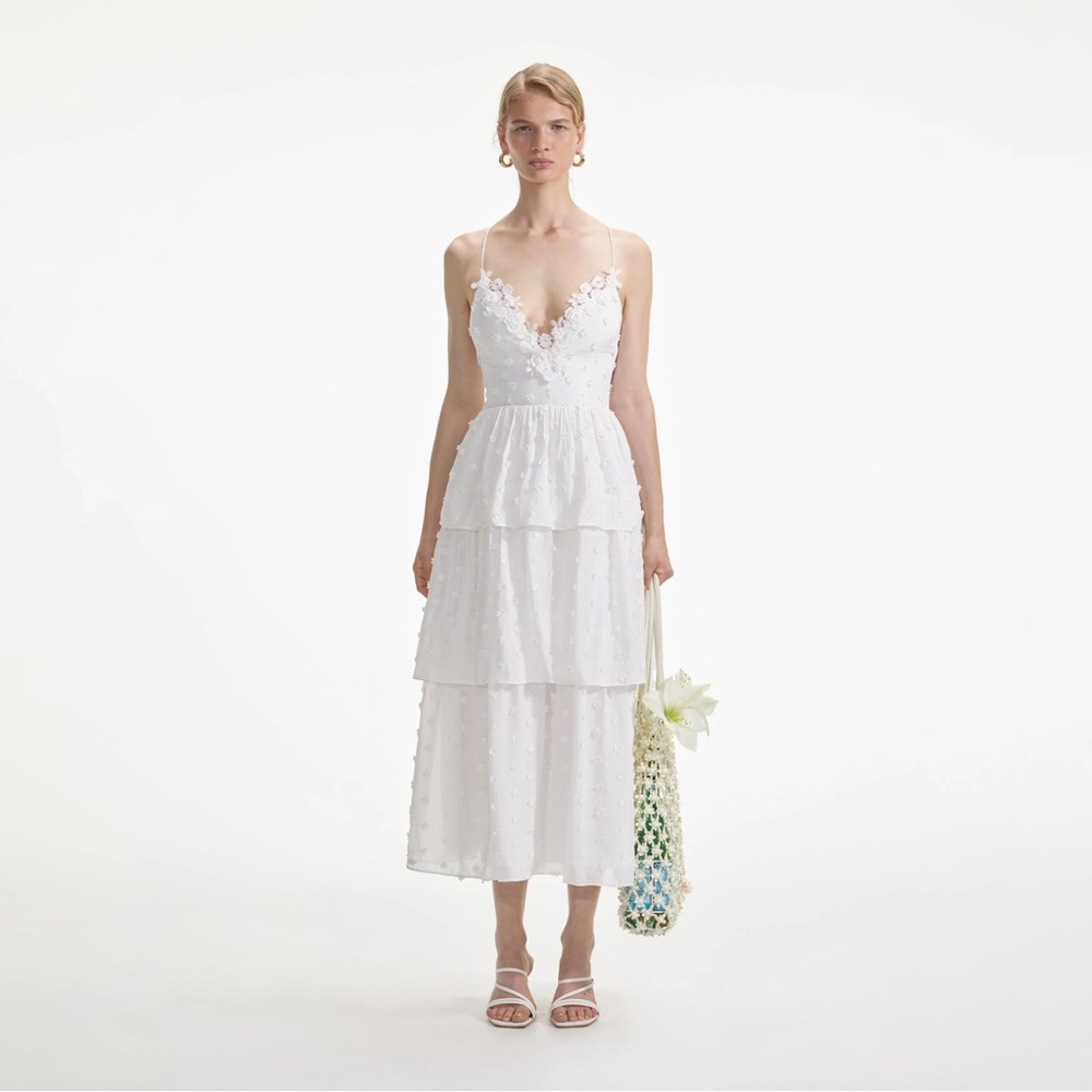 Self Portrait White Elf Portrait Ivy Lace Trim Midi Dress Lace Up Back, Size 2